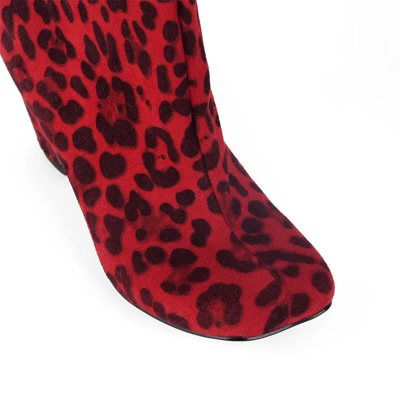 Onlymaker Square Toe Leopard Faux Suede Leather Knee-high Boots Chunky Heel Autumn Solid Slip On Fashion Elegant Boots