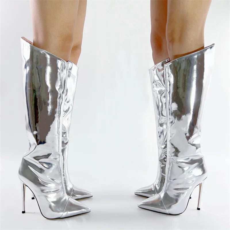 Onlymaker Women Metallic Sliver Leather Stiletto Knee High Boots Fashion Party Dress Thin Heels Winter Boots
