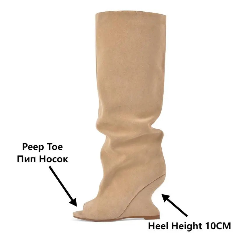 Onlymaker Women Peep Toe Wedge Flock Fashion Chunky Boots
