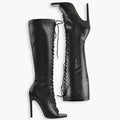 Onlymaker Women Open Square Toe  Lace Up Faux Leather Knee-high Boots Thin Heel Side Zipper Fashion Elegant Boots