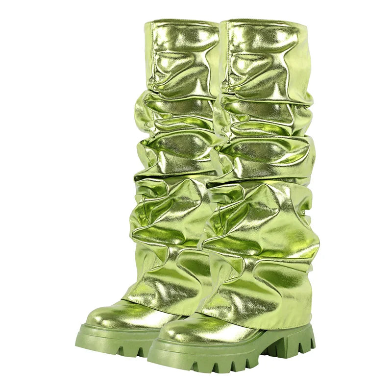 Onlymaker Women Green Round Toe Fold Over Boots Webs Fashion Handmade Female Mid-Calf Boots