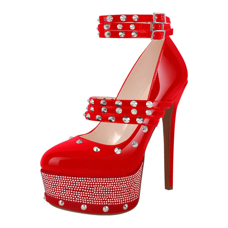Women Rivet Platform Patent Leather Rhinestone Pumps High Heeled Big Size Ankle Straps Women Stiletto Pumps