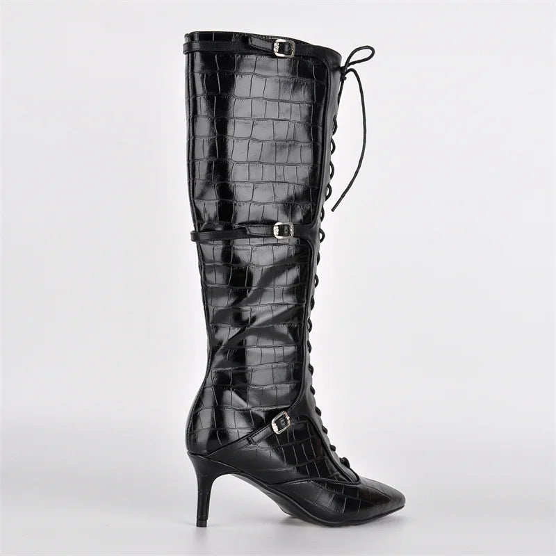 Onlymaker Women Pointed Toe Lace Up  Knee-high Boots Thin Heel Side Zipper Fashion Elegant Faux Leather Boots