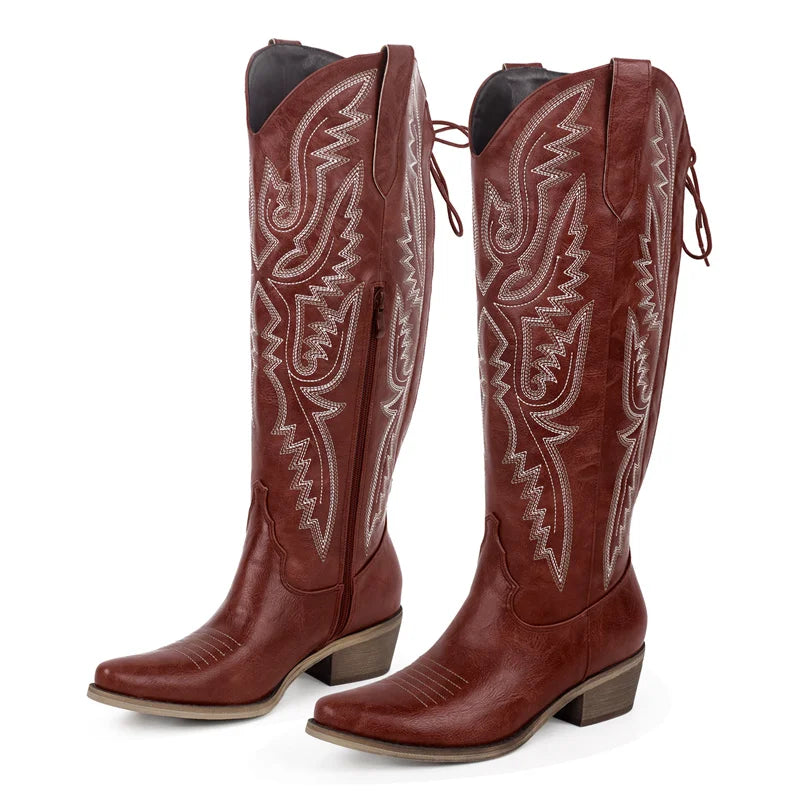 Onlymaker Women Pointed Toe Side Zipper Embroidered Western Cowboy Boots Block Heel Cowgirl Booties