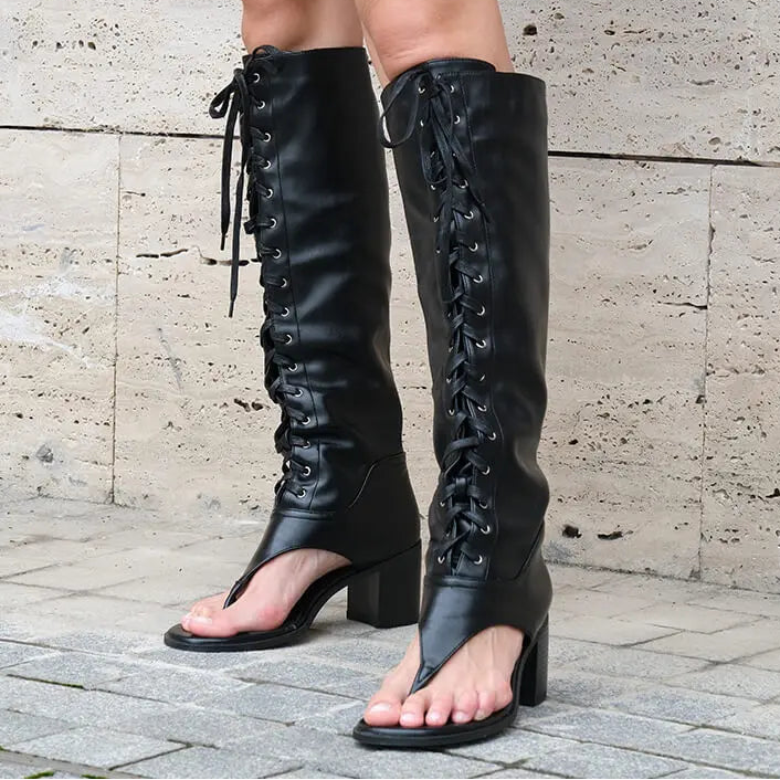Onlymaker Women  Open Toe Black Matte Knee High Boots Lace-up Low Heels Party Flip-Flops Sandals Boots