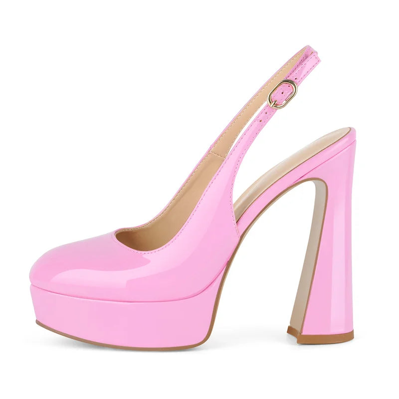 Women Round Toe Patent Leather Pumps High Heeled Big Size Slingback Office Dress Chuny Heel Classic Pumps Heels