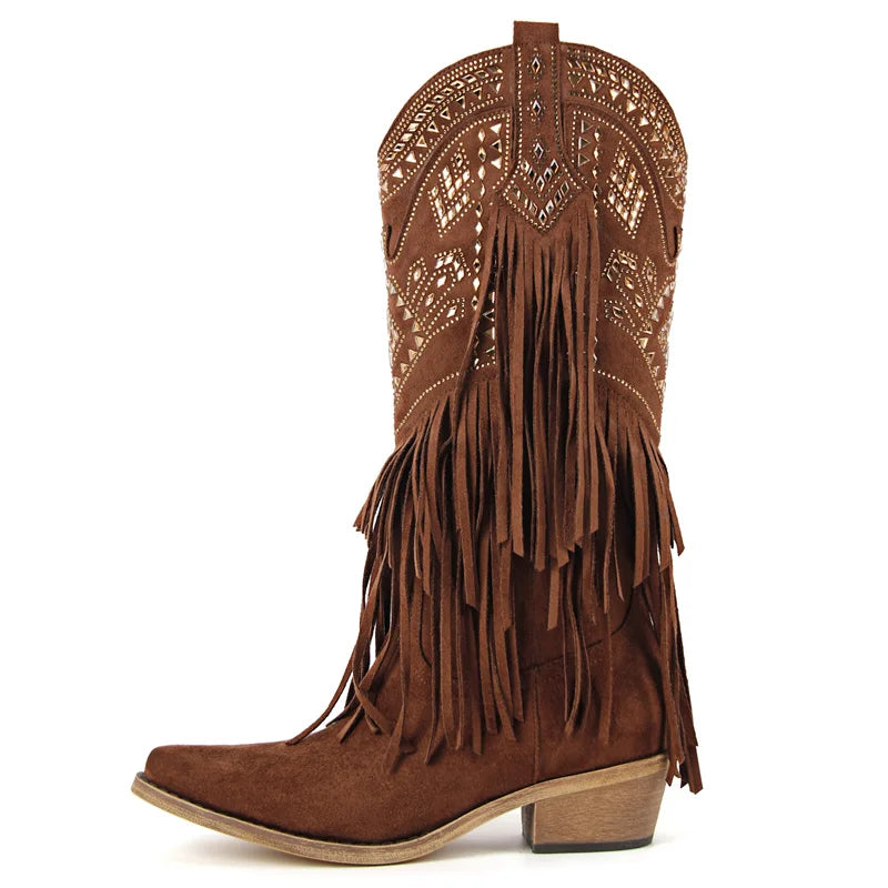 Onlymaker Women Pointed Toe Fringe Pull On Retro Western Cowgirl Boots Fringed Chunky Heel Embroidery Cowboy Boots