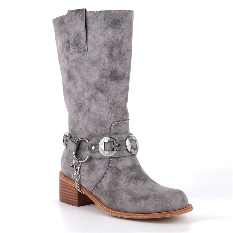 Women Metal Decor Buckle Low Block Heels Boots Wide Knee High Riding Cowgirl Pull on Western Cowboy Boots