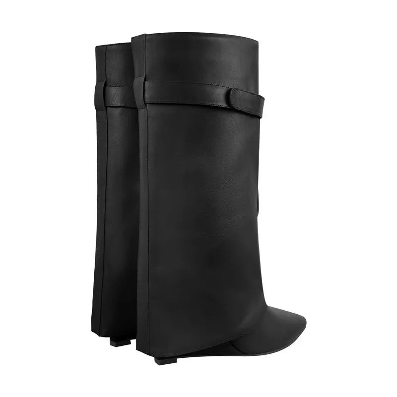 Onlymaker Knee High Boots Women Pointed Toe Black Red Wedge Heel Fold Over Matte Boots Winter Fashion Big Size  Handmade Modern
