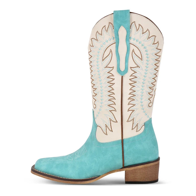 Women Square Toe Western Cowboy Boots  Embroidered Mid--Calf  Block Heel Fashionr Cowgirl Boots