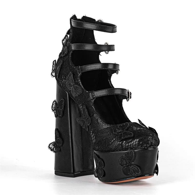 Women Platform Butterfly Lace Mesh Multi Buckle Strap Pumps Sexy  Party Dress Back Zipper Ankle Strap Shoes