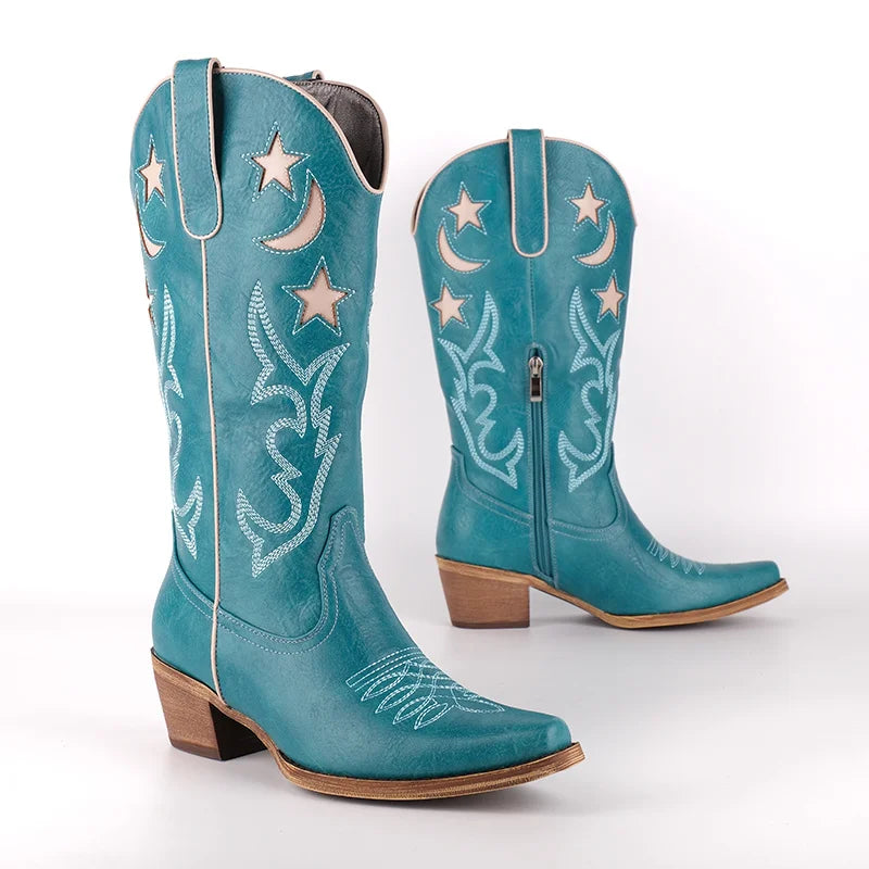 Onlymaker Women  Embroidery Western Boots Side Zipper Knee High Chunky Heel Embroidered Boots