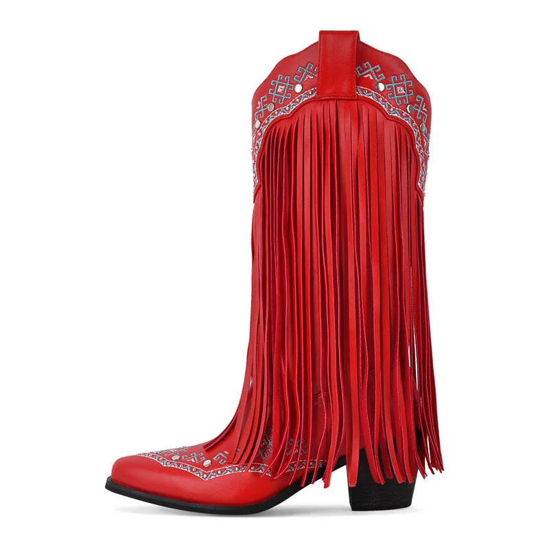 Onlymaker Women Pointed Toe Embroidery Fringe Pull On Retro Western Cowgirl Boots Fringed Chunky Heel Cowboy Boots