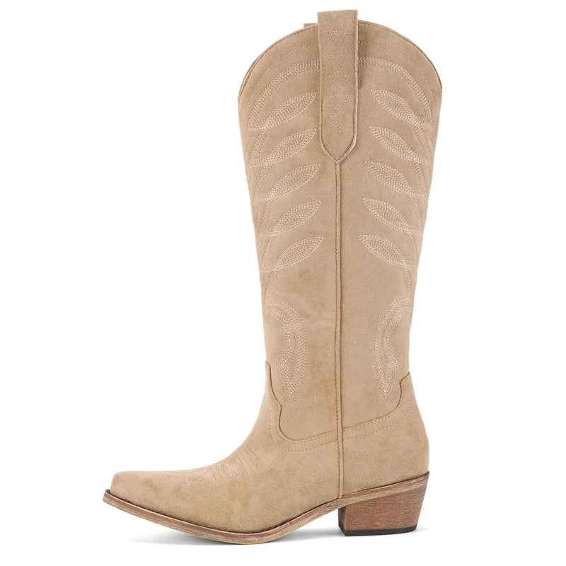 Onlymaker Women Pointed Toe Side Zipper Knee High Embroidery Western Cowgirl Boots Chunky Heel Embroidery Cowboy Boots