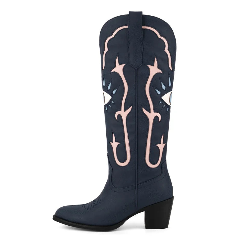 Onlymaker Women Pointed Toe Embroidered Eye Inlay Almond-Toe Wide Calf Knee High  Chunky Heel Western Cowgirl Boots