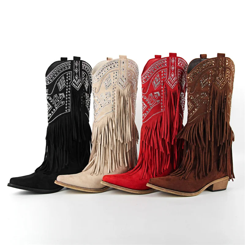 Onlymaker Women Pointed Toe Fringe Pull On Retro Western Cowgirl Boots Fringed Chunky Heel Embroidery Cowboy Boots
