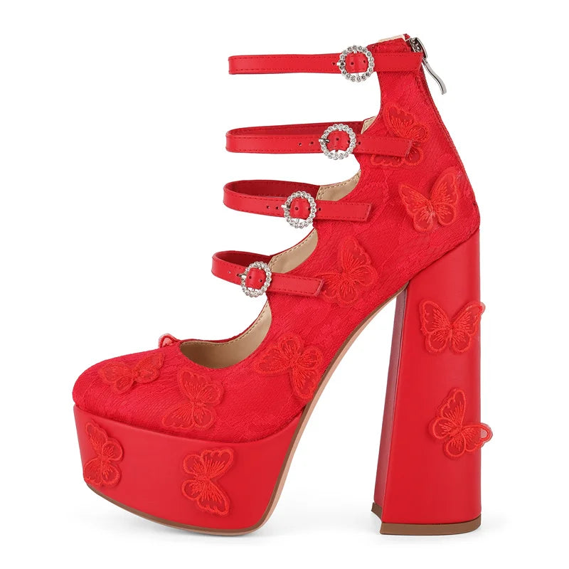 Women Platform Butterfly Lace Mesh Multi Buckle Strap Pumps Sexy  Party Dress Back Zipper Ankle Strap Shoes