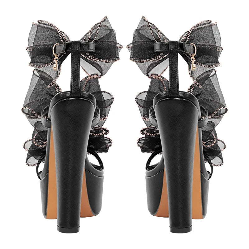 Women Black Bow Ankle Strap Chunky Heel Platform Summer Sandals Thick Heels Party Dress Shoes