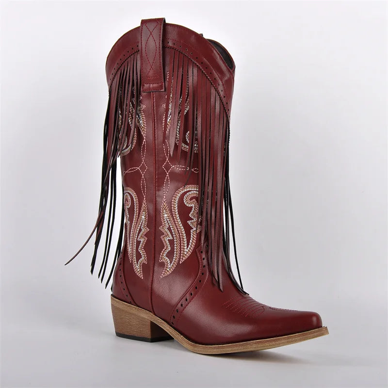 Onlymaker Women Pointed Toe Fringe Pull On Retro Western Cowgirl Boots Fringed Chunky Heel Embroidery Cowboy Boots