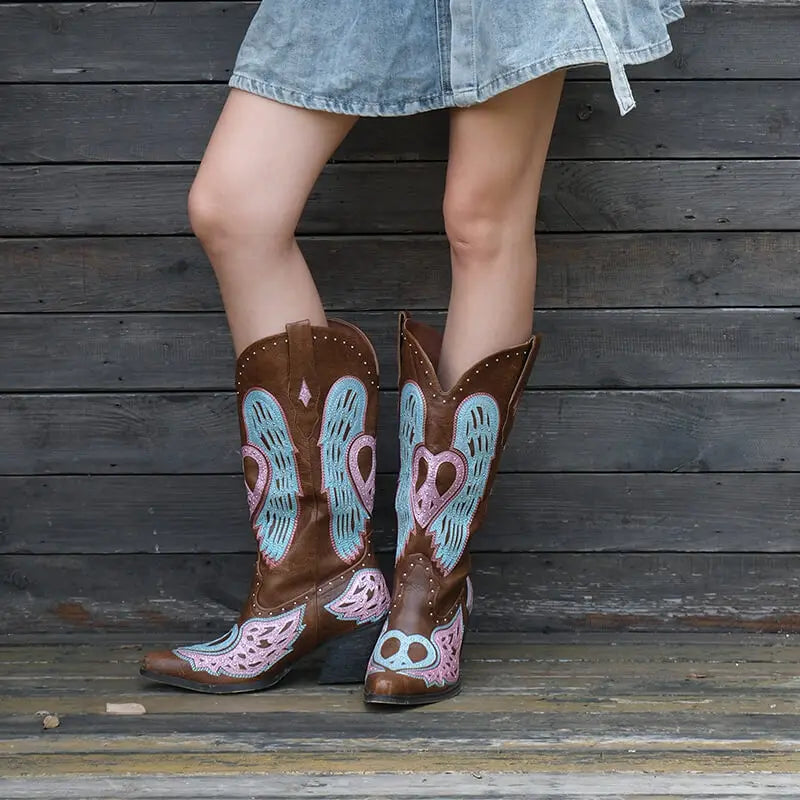 Onlymaker Women Pointed Toe Western Knee High Cowgirl Boots Embroidered Wide Calf  Chunky Block Heel Cowboy Boots