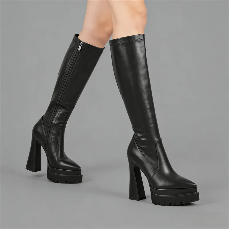 Onlymaker Women Pointed Toe Platform Knee High Zipper Boots Black Zip Anti Slip Thick Block Heel Wide Calf Party Boots