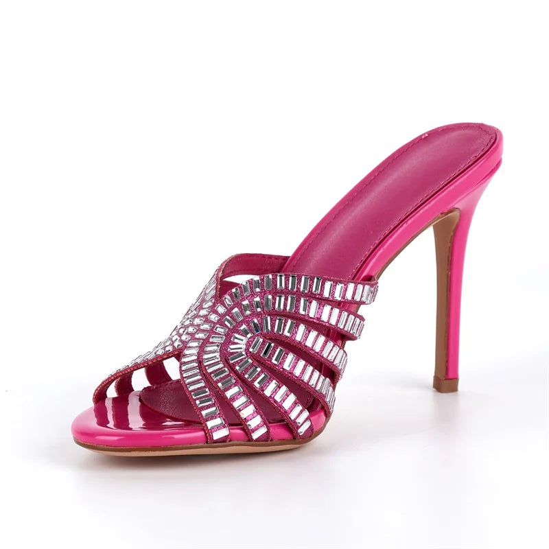 Women Peep Toe Rhinestone Stiletto Mules 10CM Thin Heel Slip On Mules Sandals
