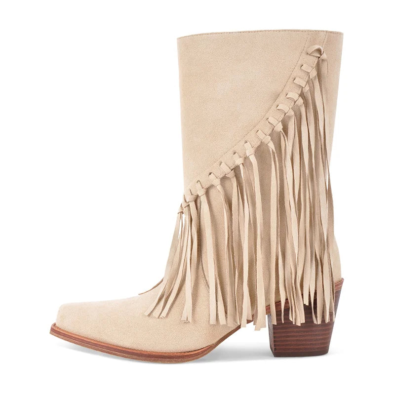 Onlymaker Women Pointed Toe Pull-on Knee High Fringe Cowgirl Boots Comfy Pull On Mid Calf Western Boots