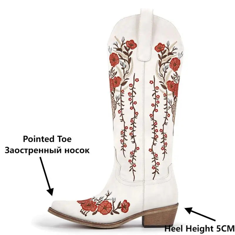 Onlymaker Women White Floral Western Embroidery Cowgirl Boots Pointed Toe Side Zipper Knee High with Chunky Heel  Boots