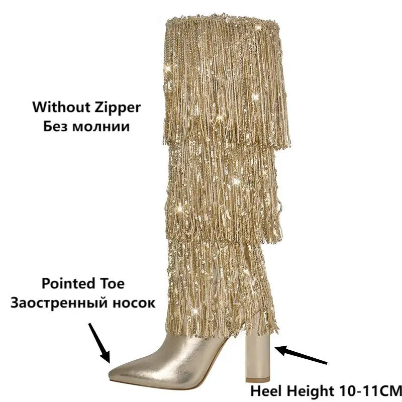 Onlymaker Women Pointed Toe  Sliver Fringe Metallic Slim  Knee Boots  Sexy Dance Chunky  Heel Boots