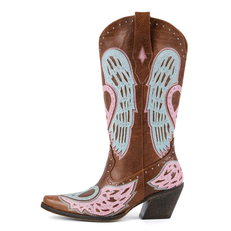 Onlymaker Women Pointed Toe Western Knee High Cowgirl Boots Embroidered Wide Calf  Chunky Block Heel Cowboy Boots