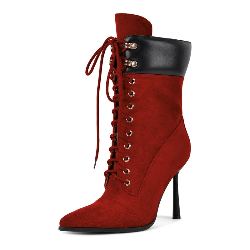 Onlymaker Women Pointed Toe Double Stiletto High Heel Lace Up Mid-Calf Boots Fashion Sexy Lace Up Strappy Knee High Boots