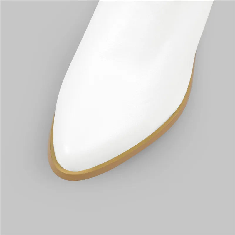 Women Pointed Toe White Embroidery Tapered Heel Round Up  Mid-Calf Big Size Western Cowboy Boots