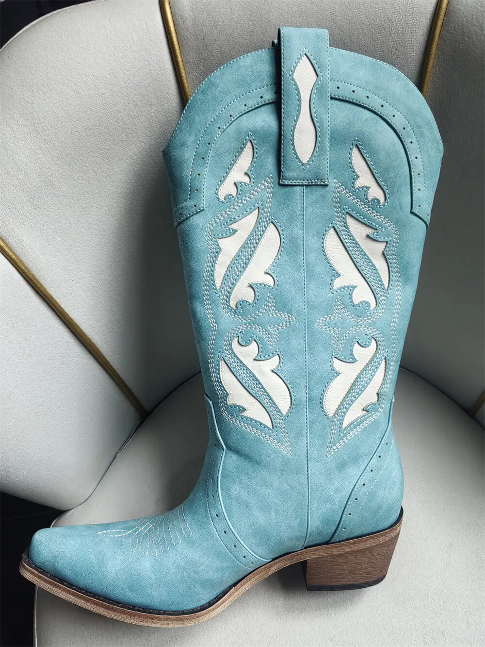 Onlymaker Women Pointed Toe Embroidered Stitched Mid Calf Cowboy Boots Chunky Block Heel Pull On Cowgirl Western Boots