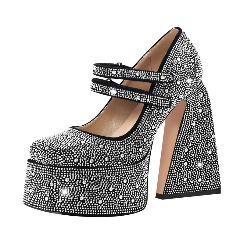 Women Platform Pumps Mary-Jane Rhinestone Chunky High Heels Ankle Strap Dress Party Punk Shoes