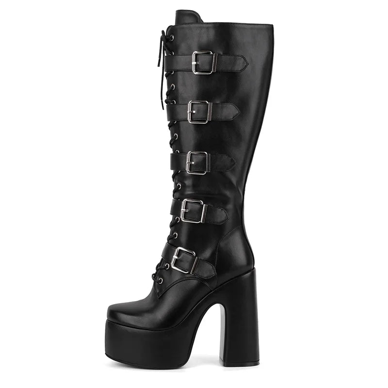 Onlymaker Round Toe Platform Boots Chunky Heel Buckle Gothic Boots Side Zipper Rock Couples Cosplay Biker Punk Boots