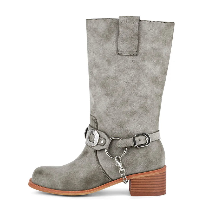 Women Metal Decor Buckle Low Block Heels Boots Wide Knee High Riding Cowgirl Pull on Western Cowboy Boots