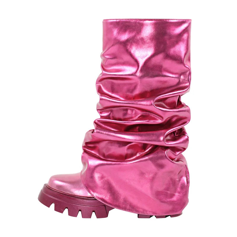 Onlymaker Women Platform  Pleated Fold Over Boots Round Toe Handmade Female Fashion Mid-Calf Boots