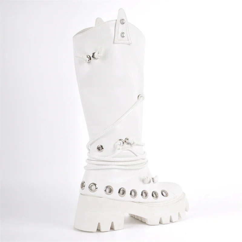 Women Platform Round Toe Studded Chunky Heel Knee High Boots Pull On Mid Calf Chunky Heel Punk Boots