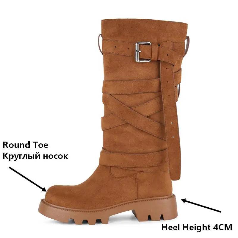 Onlymaker Round Toe Brown Faux Suede Leather  Buckle Strap Mid-Calf Boots  Autumn Solid Side Zipper Fashion Elegant Boots