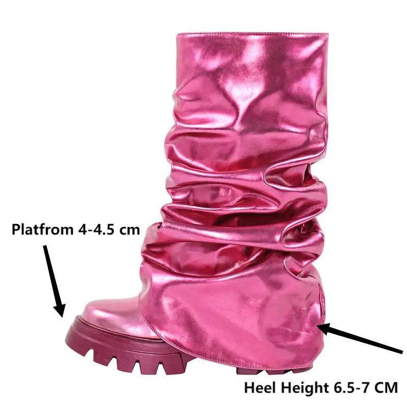 Onlymaker Women Platform  Pleated Fold Over Boots Round Toe Handmade Female Fashion Mid-Calf Boots
