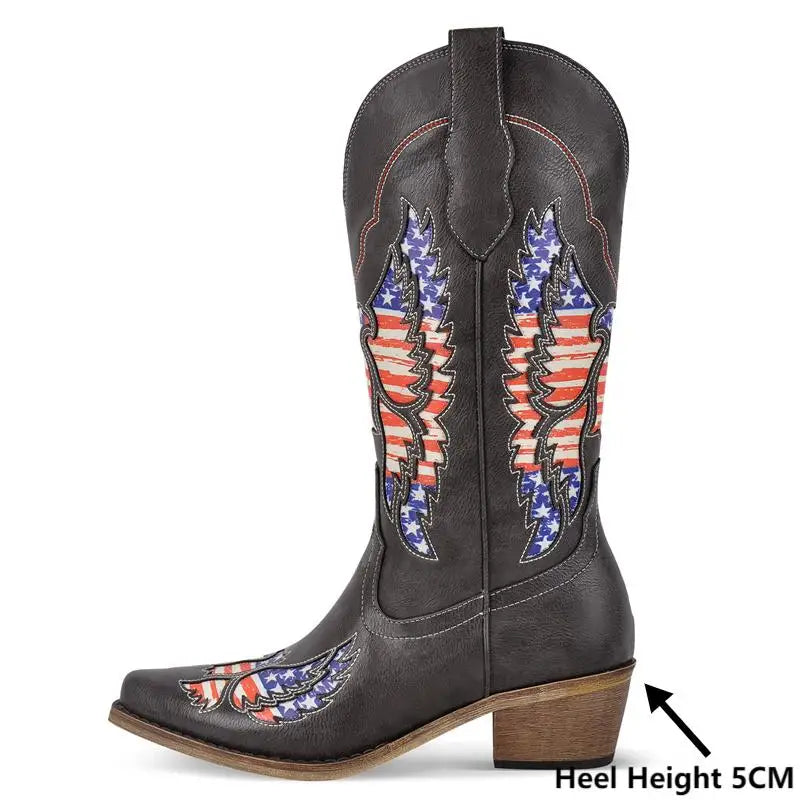 Women Pointed Toe Mid Calf Pull-on Knee High Western Boots 5CM Chunky Heel  Western Boots