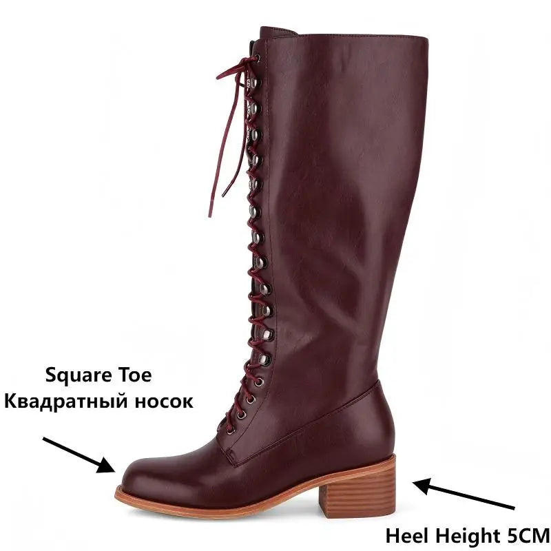 Onlymaker Women Square Toe Knee High Boots Black Matte Gothic Heeled Concise Side Zipper Winter Lace UP Motorcycle Boots