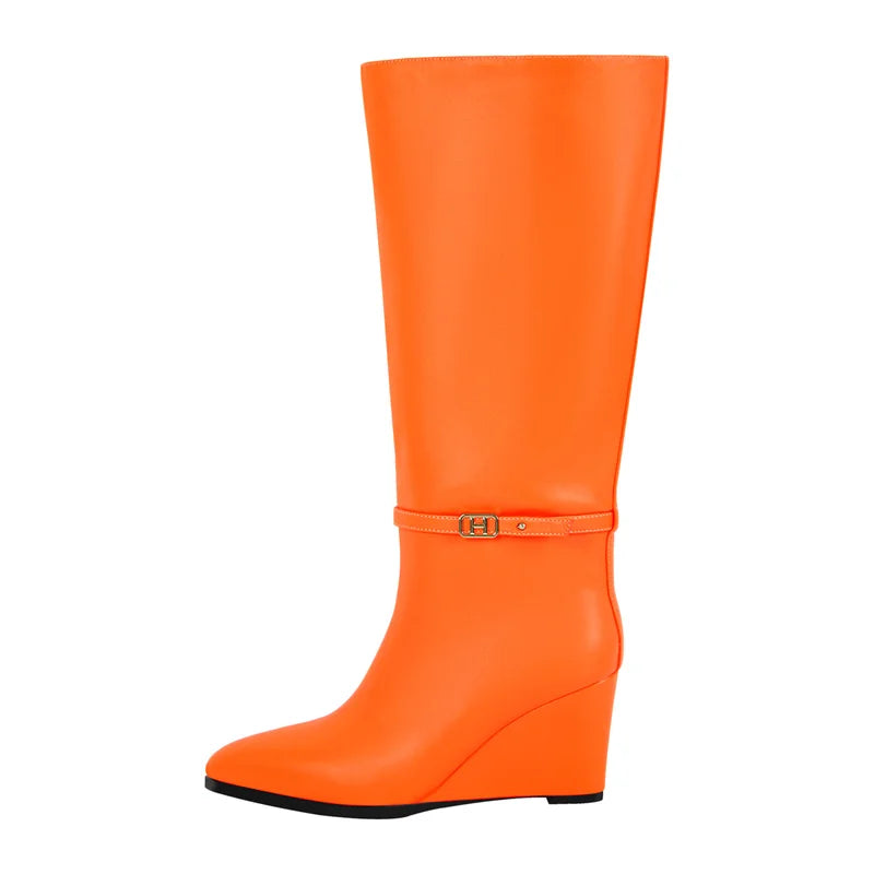 Onlymaker Women Pointed Toe Matte Wedge High Heel Knee High Boots Fall Winter Side Zipper Sexy Party Boots