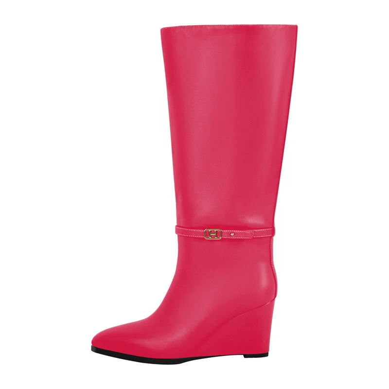Onlymaker Women Pointed Toe Matte Wedge High Heel Knee High Boots Fall Winter Side Zipper Sexy Party Boots