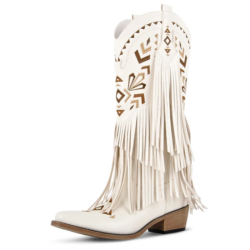 Onlymaker Women Pointed Toe Retro Fringe Pull On Western Cowgirl Boots Fringed Chunky Heel Embroidery Cowboy Boots