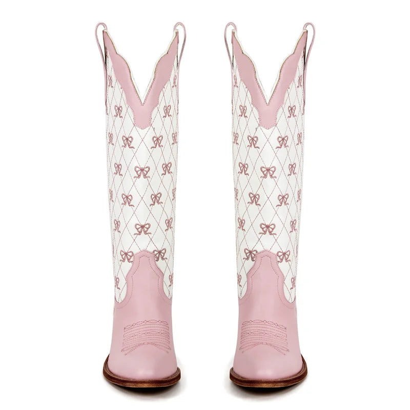 Onlymaker Women White  Pull-on Knee High Cowgirl Boots with Bow  Big Size Comfy Women Cowboy Boots