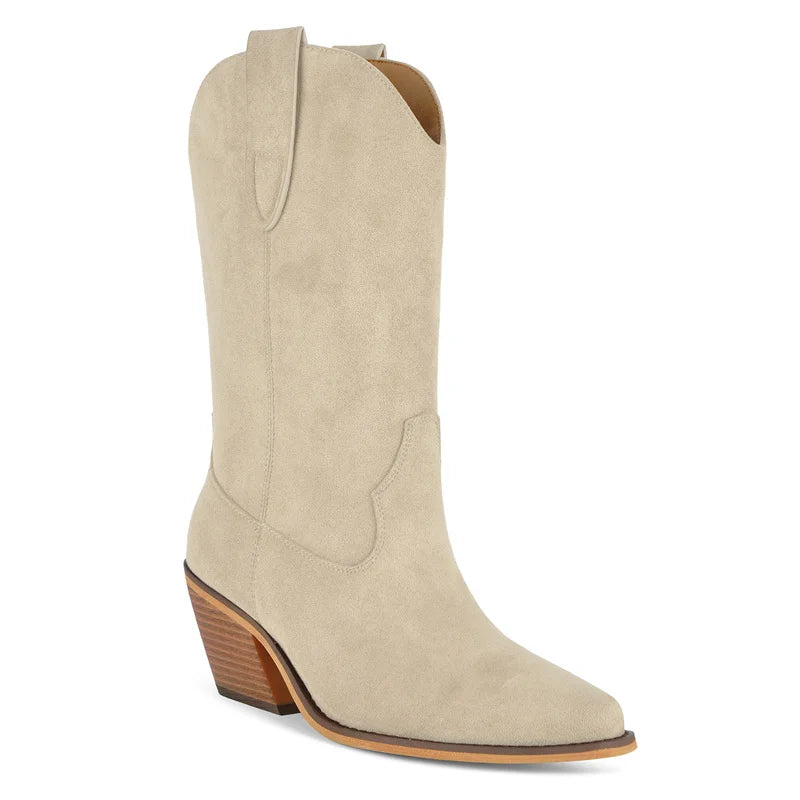 Onlymaker Women Pointed Toe Chunky High Heel Western Cowgirl Boots Hollow Mid-Calf Boots Retro Light Pull On Boots