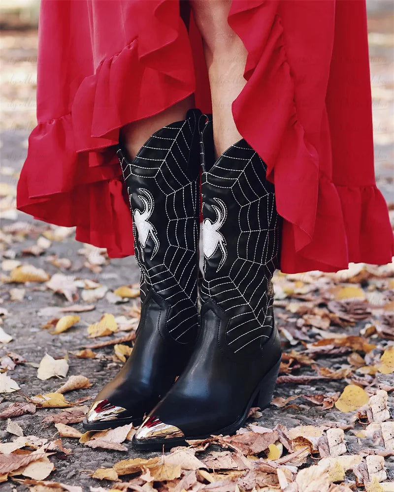 Women's Black Pointed Toe  Embroidery Spider Webs Metal Pointed Toe  Fashion Handmade Female Cowboy Boots