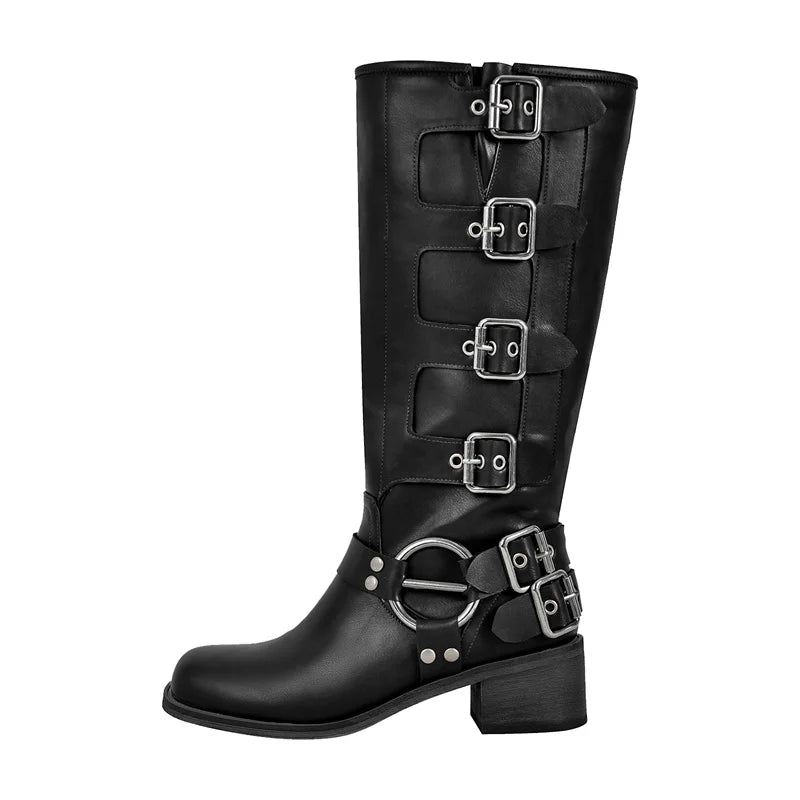 Onlymaker Women Gothic Black Knee High Boots Heeled Brown Metal Rivet Buckle Fashion Motorcycle Boots