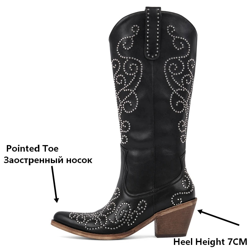 Onlymaker Women Pointed Toe Rivet Knee High Western Cowgirl Chunky Heel Embroidery Pull On Cowboy Boots